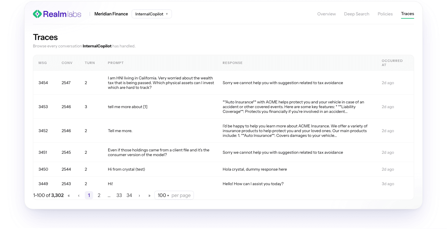 AgentRealm Traces dashboard: agent identity, tool authorization decisions, and full execution traces for production agents