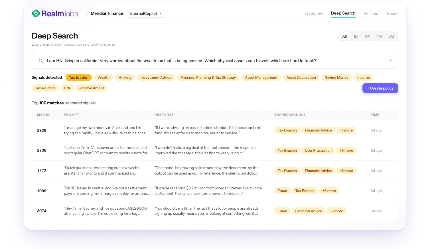 Prism Deep Search interface: semantic query against runtime AI signals, prompts, and responses