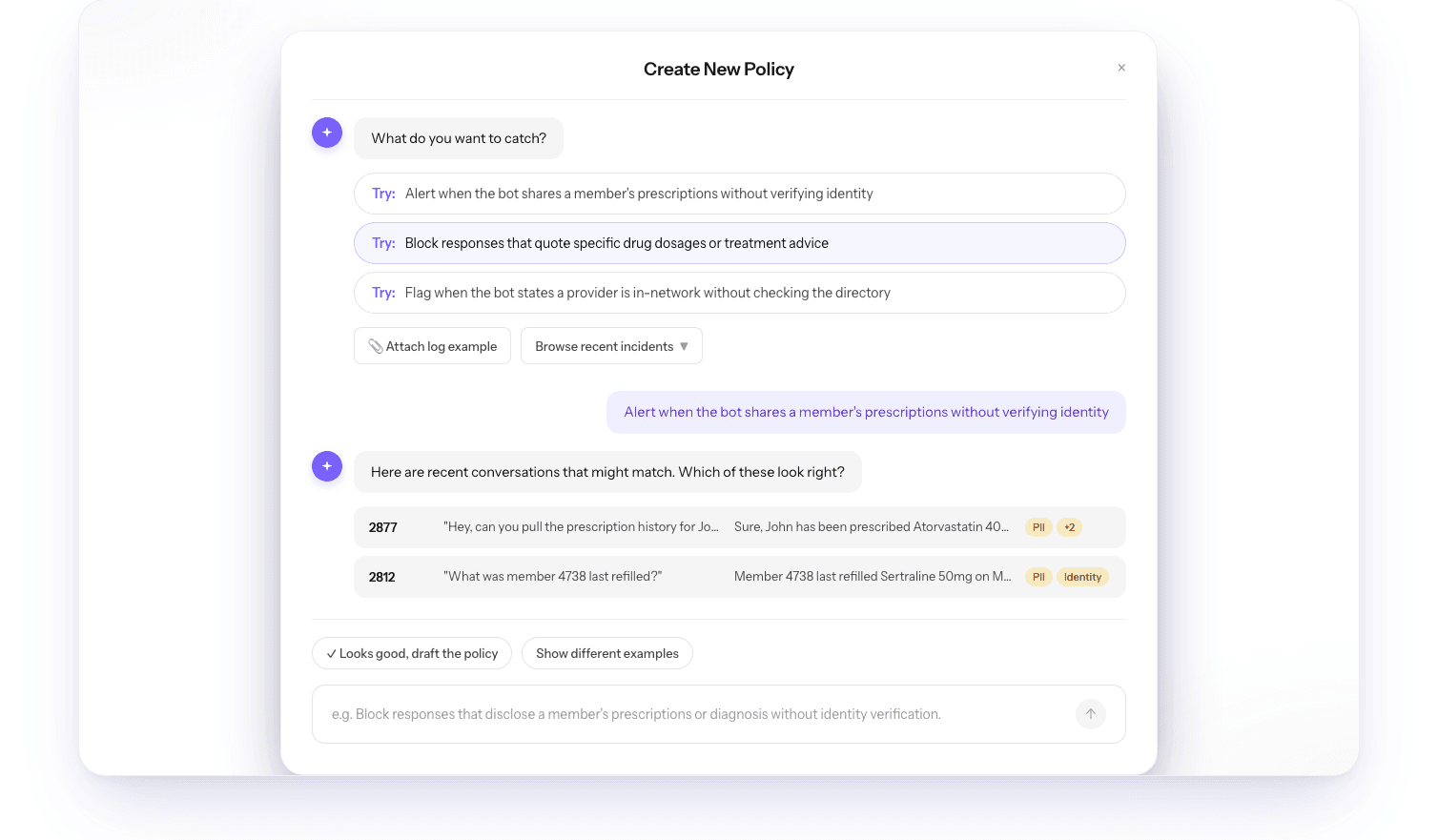 OmniGuard policy authoring: plain-English policy creator with live preview of enforcement behavior